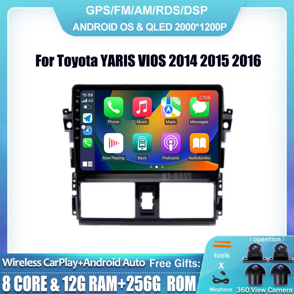 Android 14 Car Radio For Toyota YARIS VIOS 2014 2015 2016 Multimedia GPS Navigation Wireless Carplay Android Auto DSP IPS