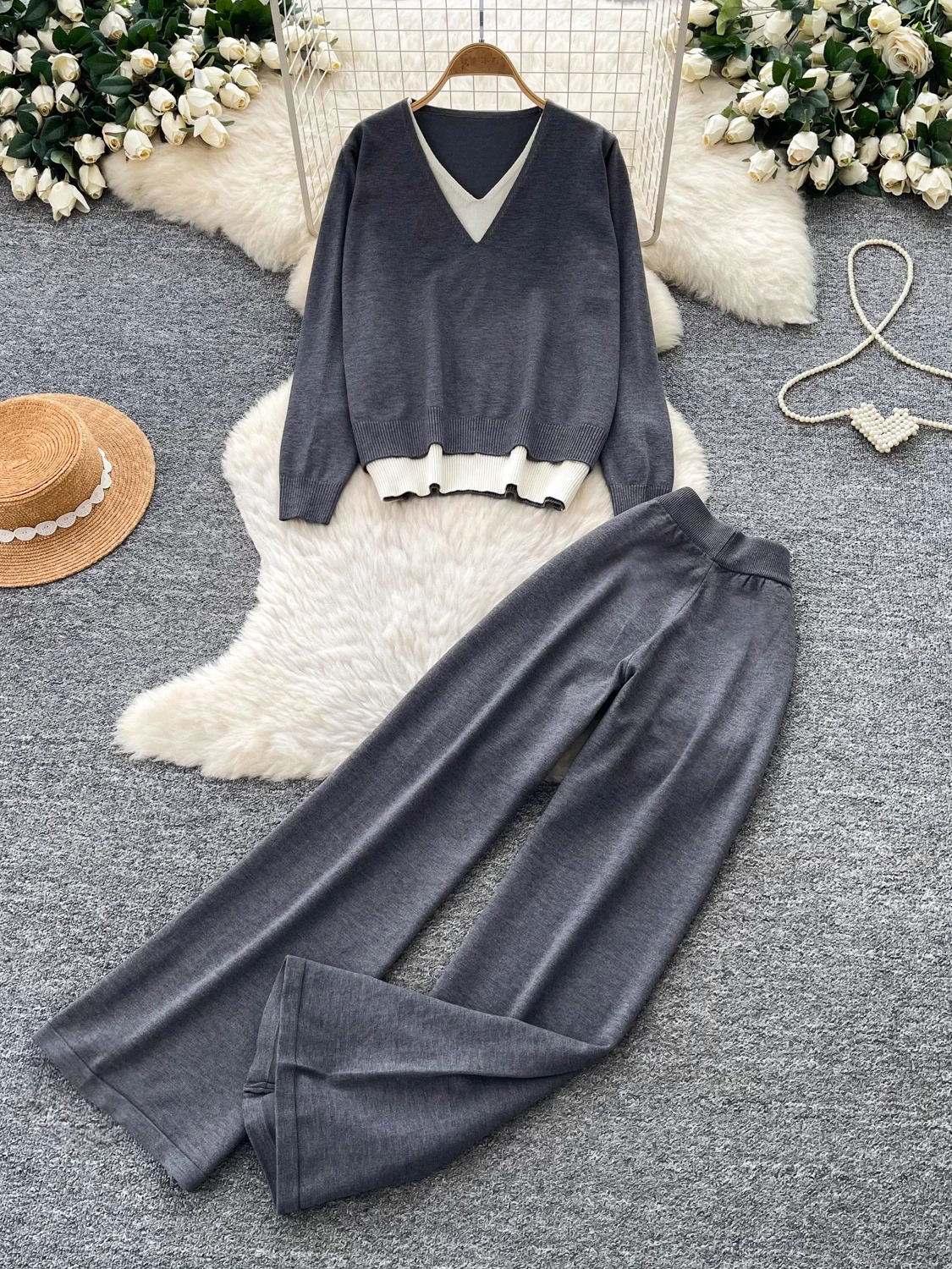 Women's Commute Style Long Sleeve V-Neck Knitted Sweater High Waist Wide Leg Pants Two-Piece Set Slimming Fashionable Autumn ...