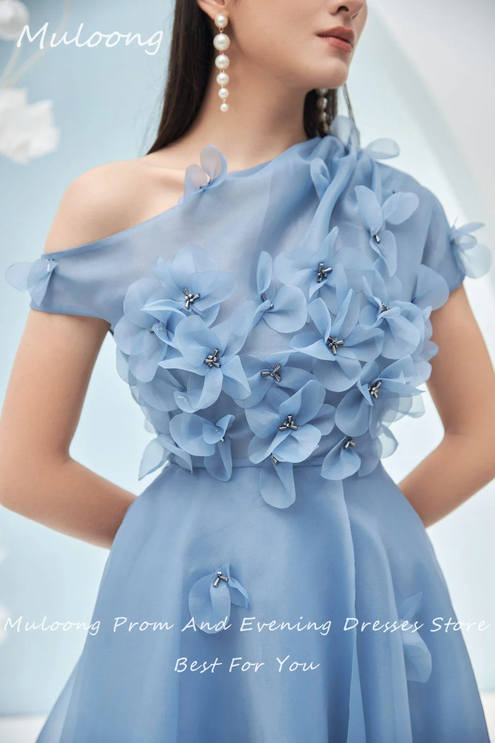 Muloong Blue One Shoulder Charming Prom Dress 3D Flowers Formal Gown Asymmetrical vestidos para mujer elegantes y bonitos