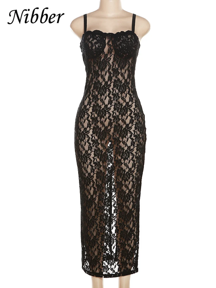 Nibber-maxivestido de encaje transparente para mujer, ropa de calle elegante con Espalda descubierta, color liso