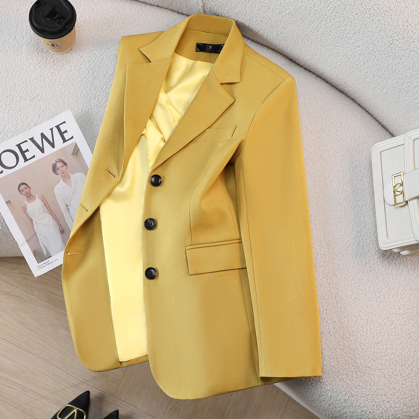 ZJYT Autumn New Women's Casual Jackets and Coats 2026 Fashion Long Sleeve Notched Blazers Femme Plus Size Outerwear Tops Yellow