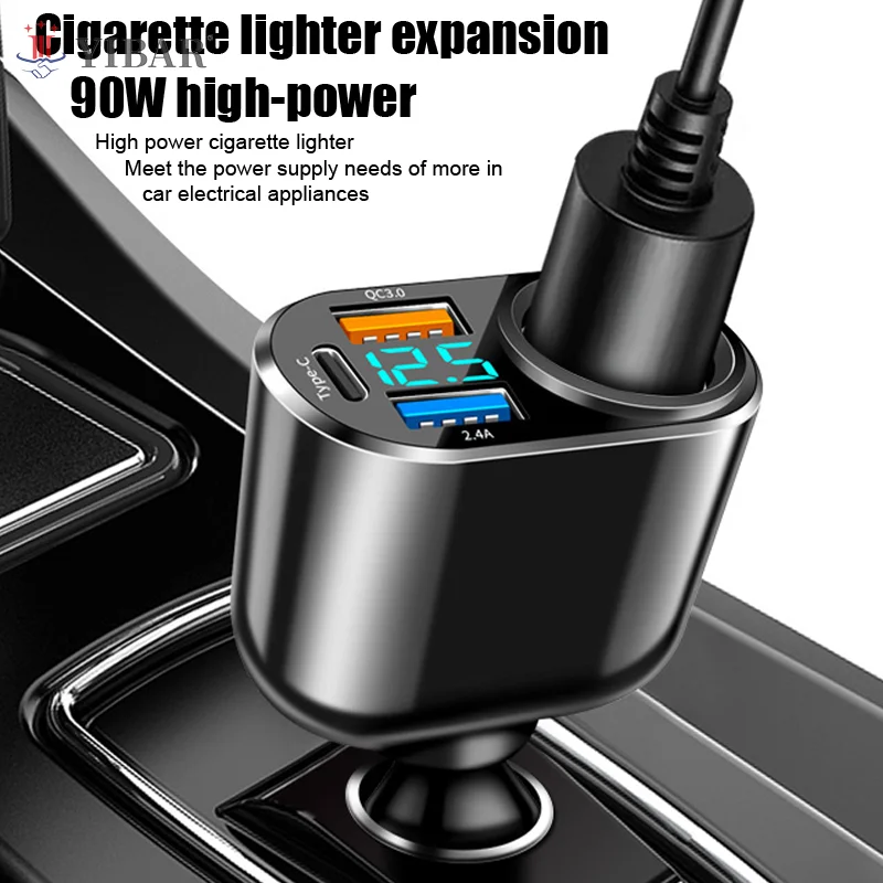 

66W Type-C USB Phone Charger For Iphone Android Fast Charging Truck Car Cigarette Lighter Power Adapter Voltage Digital Display