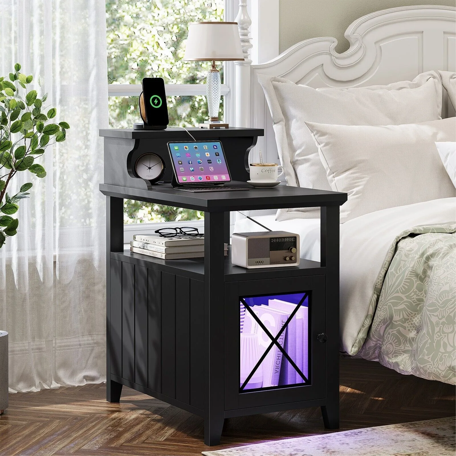 

US Nightstand,Black Side Table With Storage Shelf,Bed Side Desk With Door Cabinet