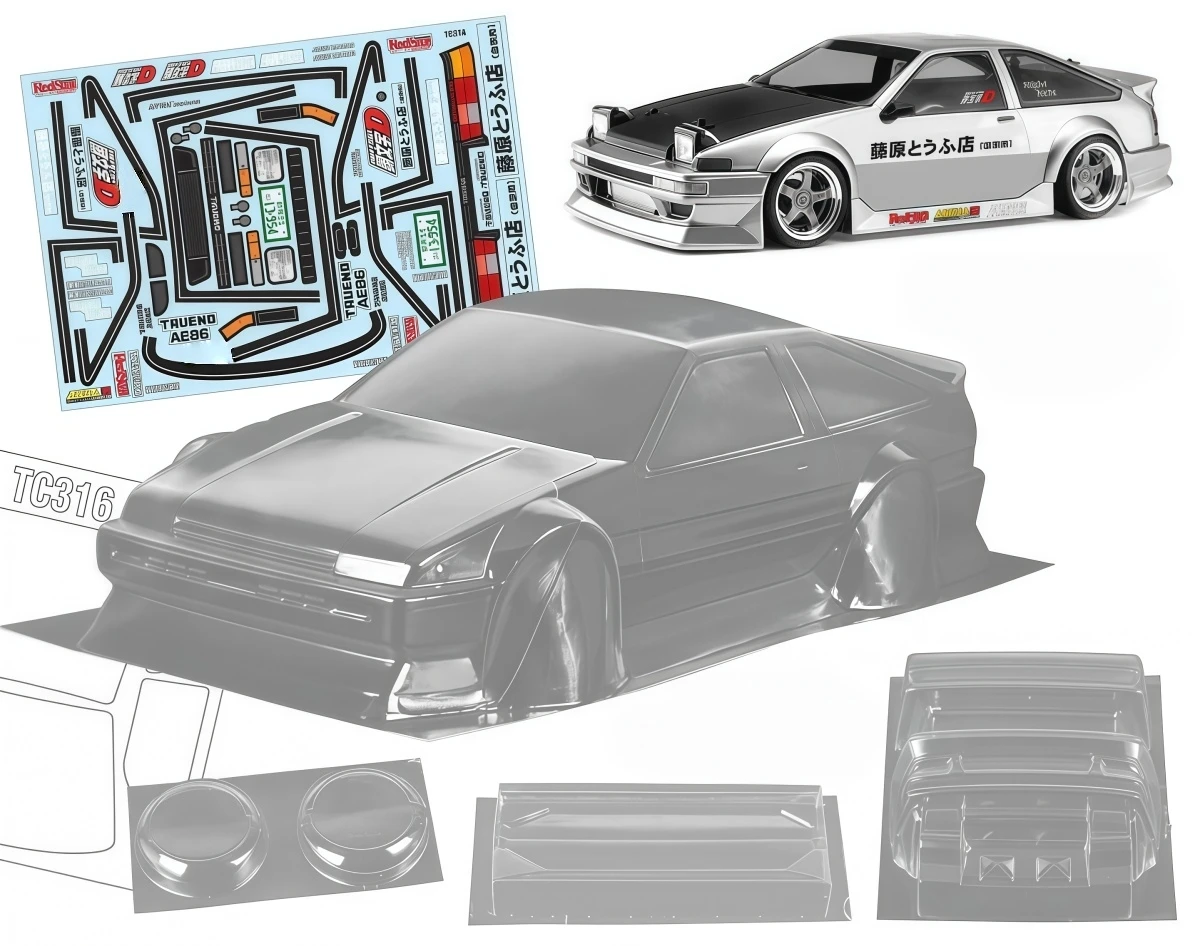 TC316 1/10 AE86 Trueno Clear PC Body Shell 190mm Width With Light Buckets and Decals For 1/10 RC Drift Touring Car