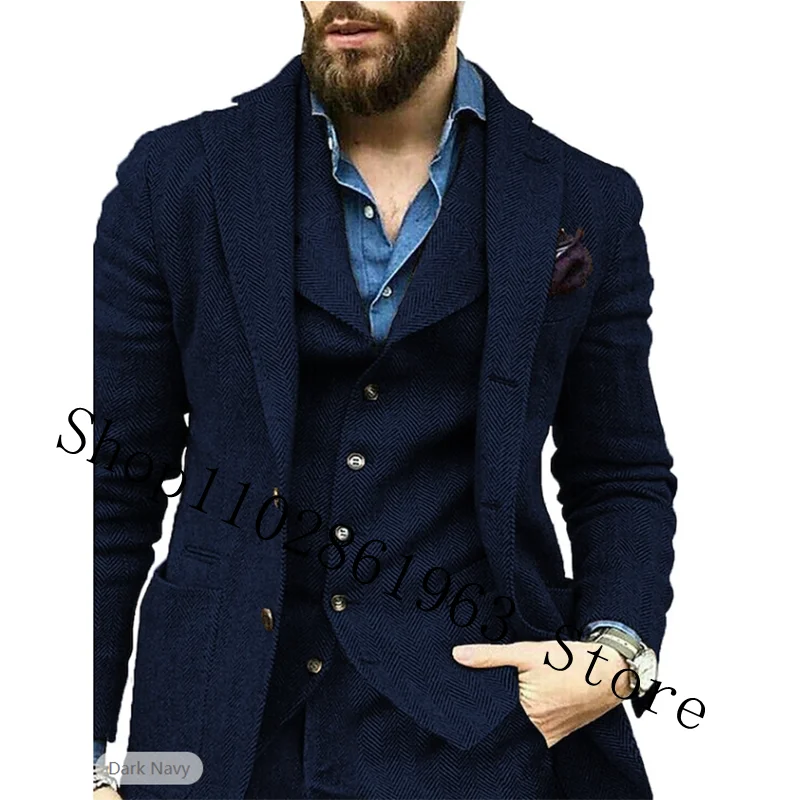 Erkek takım elbise 3 parça siyah yün balıksırtı takım elbise resmi iş Groomsmen tüvit düğün smokin Blazer + pantolon + yelek kostüm Homme