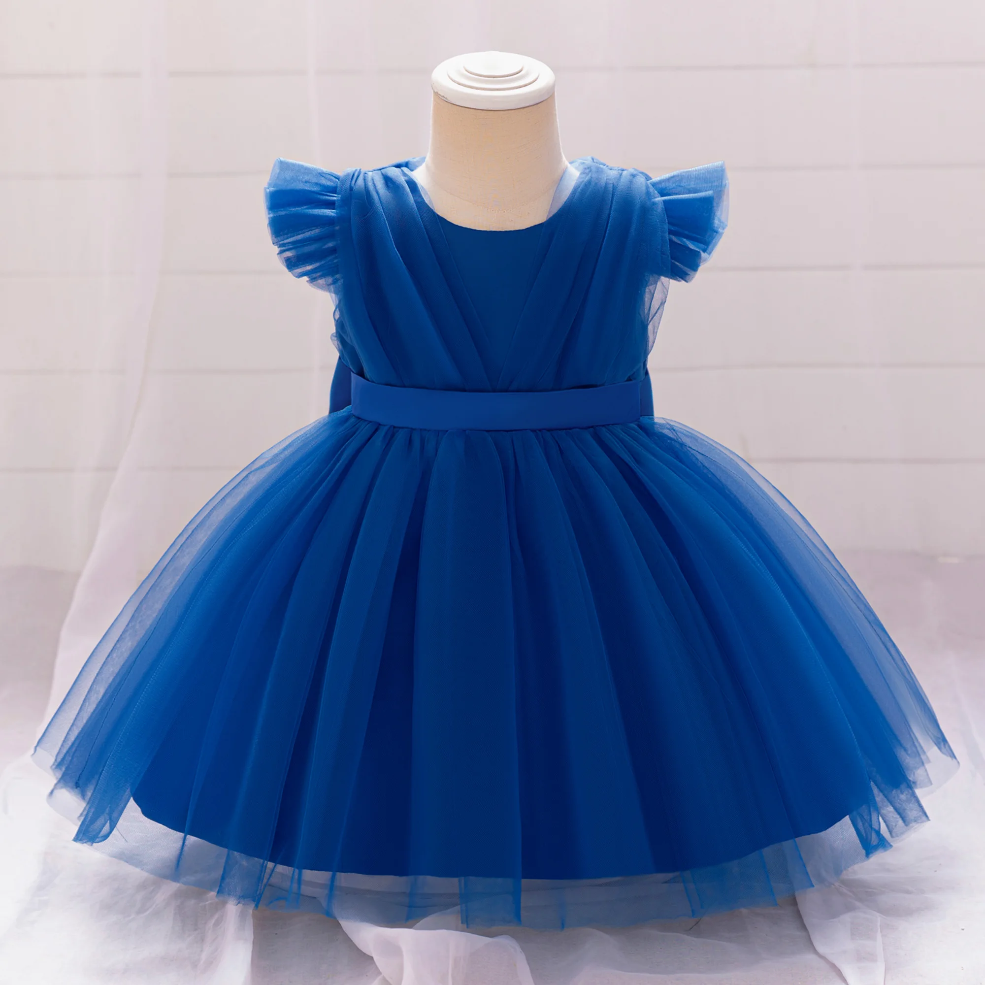 Toddler Bow Girls Party Dress Halloween Prom Gown Girl Fly Sleeves 1st Birthday Wedding Princess Dresses Kids Clothing 1-4 Years