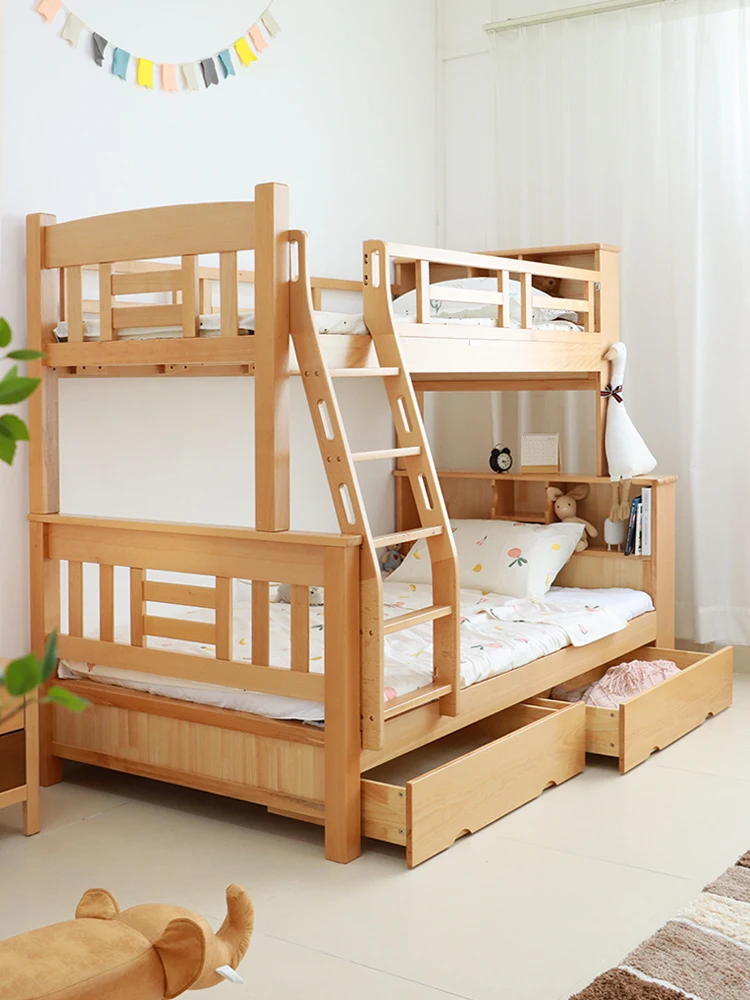 All-solid wood bed for children's beech double bookcase rack, mother bed, high and low bed, two-story detachable.