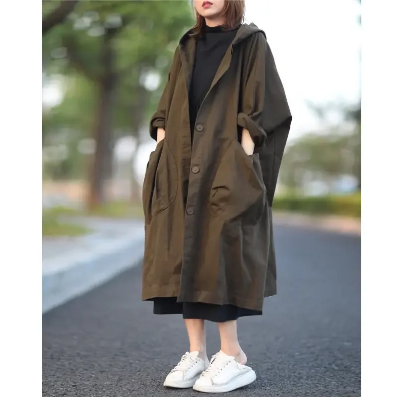 Hooded Trench Coat Women's Autumn Loose Pocket Minimalism Comfortable Long Coat  Casual Harajuku Solid Color Street Fashion 2024