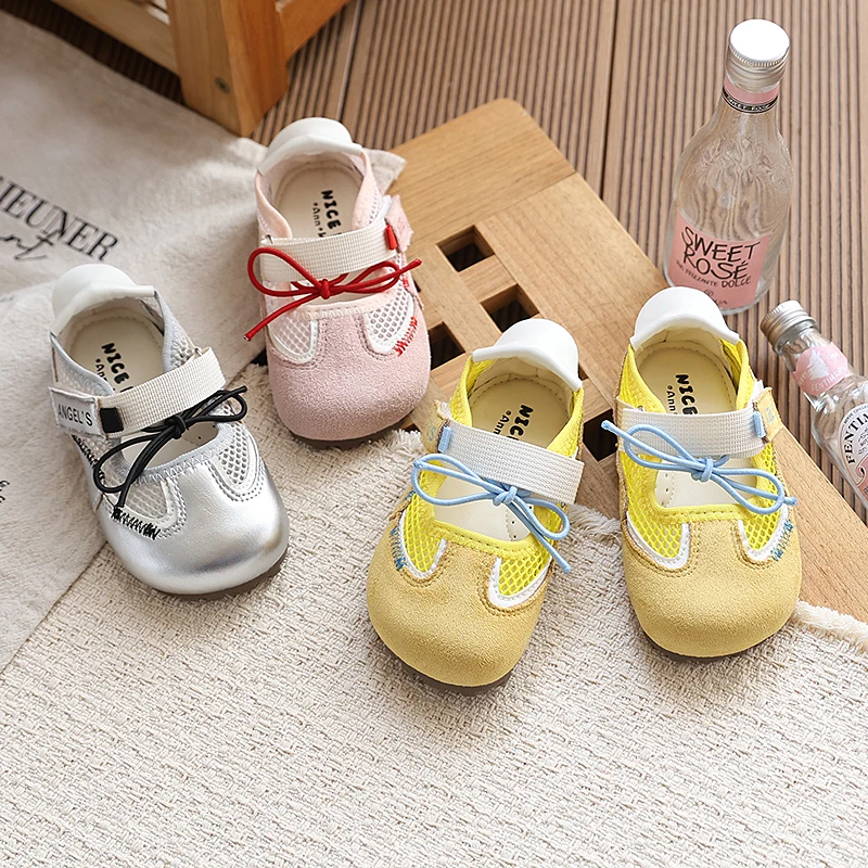 

Girls Mesh Mary Jane Shoes Kids Breathable Mesh Suede Casual Flats Bow Decor Elastic Strap Non-slip Soft Sole Summer Shoes