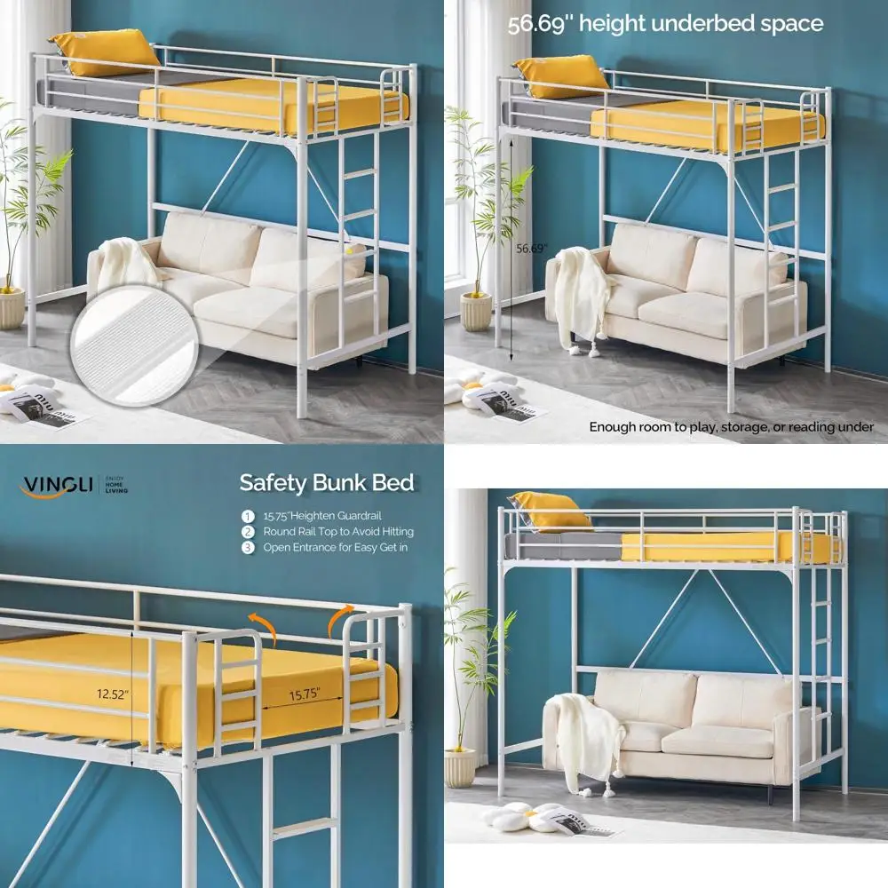 Twin Size Loft Bunk Bed with Stairs for Kids and Adults - Metal Frame, No Box