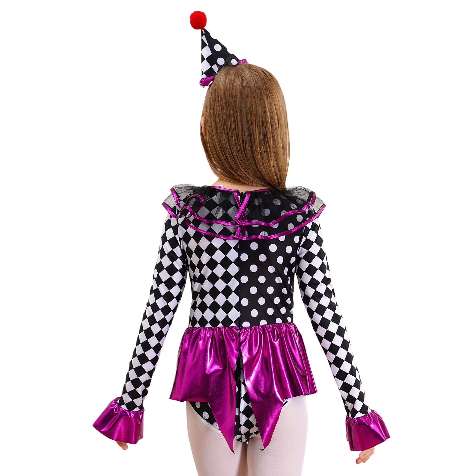 Halloween Party Zirkus Clown Cosplay Kostüm für Kinder Mädchen Langarm Rüschen Schachbrett Tupfen rote Pom Poms Bodysuit Set