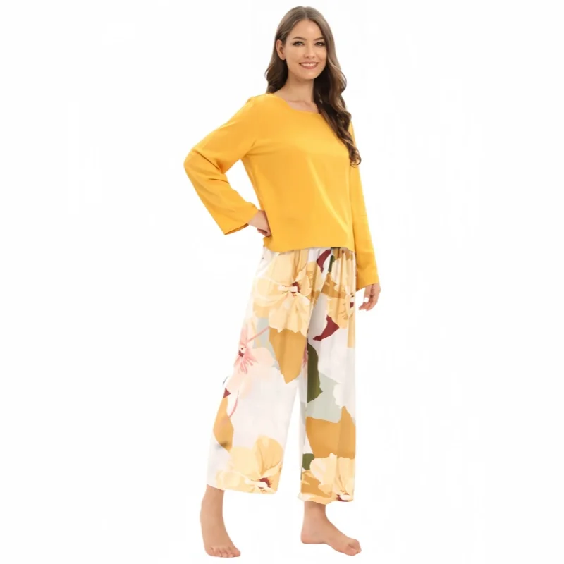 

Summer Women's Thin Rayon Pajamas Round Neck Long Sleeve Pullover Floral Pants Casual Home Clothing Set Comfortable Sleepwear