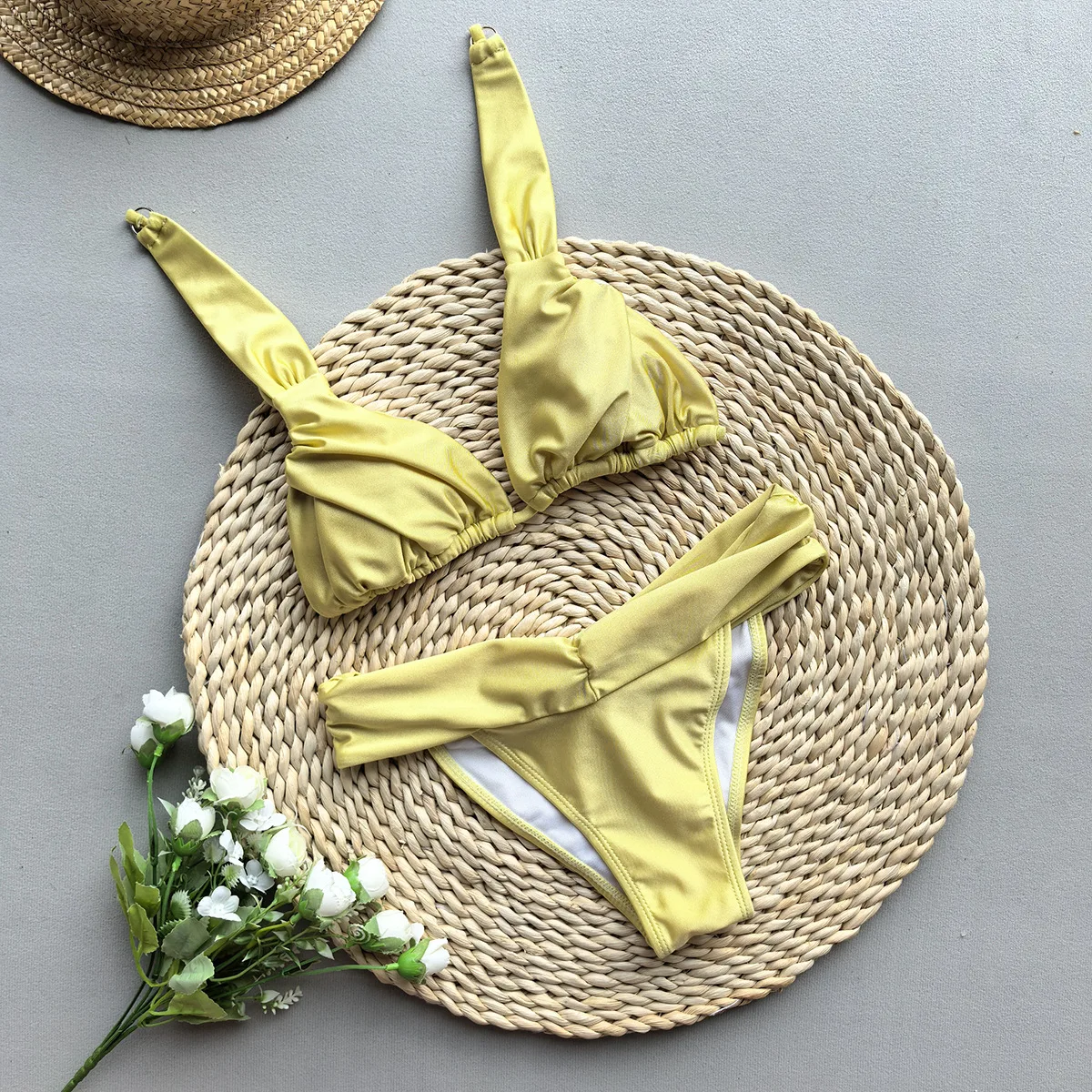

New Sexy Triangle Push Up Swimwear Women Ruched 2 Piece Swimsuit String Bandage Bikini Set Pleated Bathing Suit Summer Beachwear
