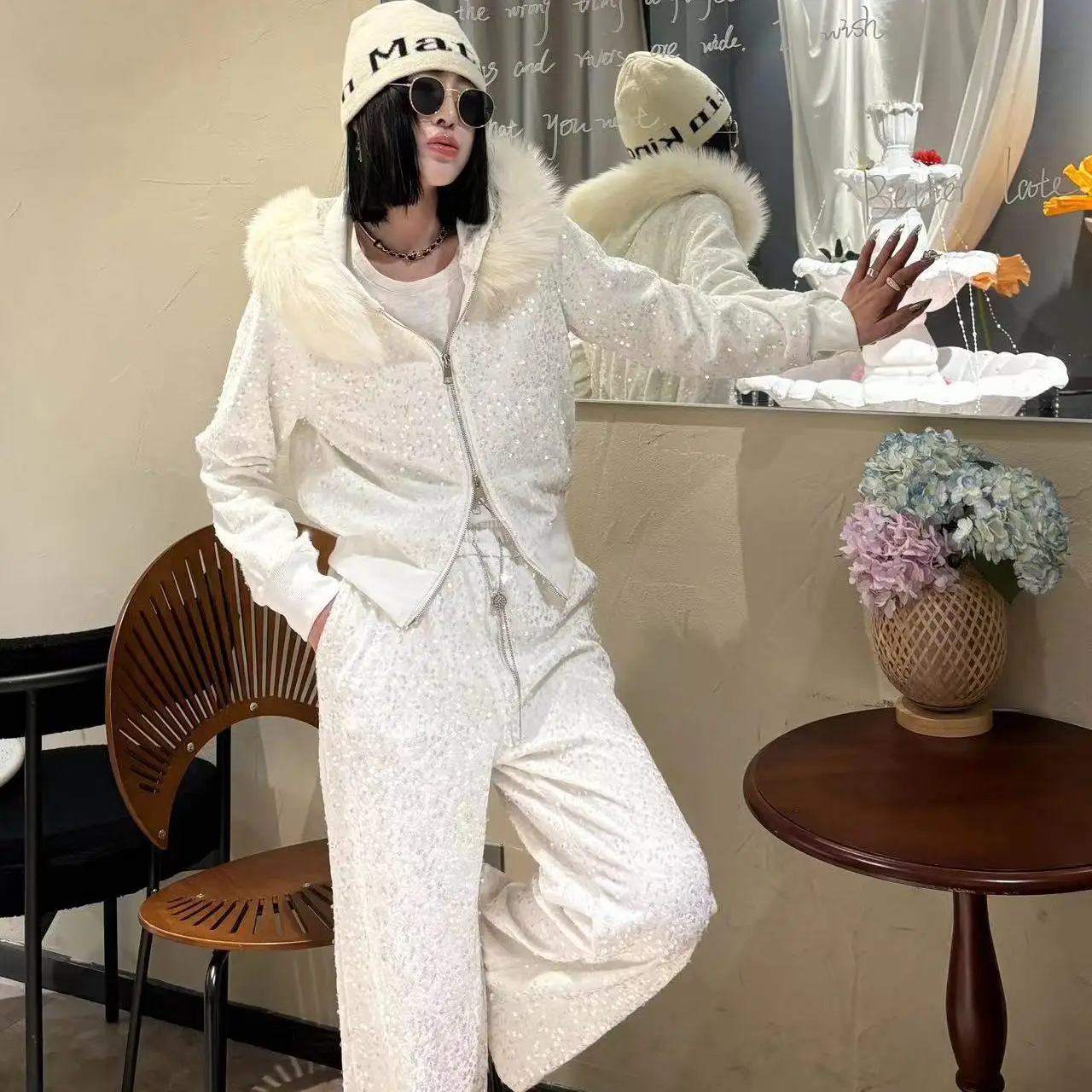 Winter Velvet Thickened Detachable Fox Fox Fur Hat Collar Sequined Coat Zipper Hooded Jacket Cardigan + Wide Legs Pants 2pcs Set