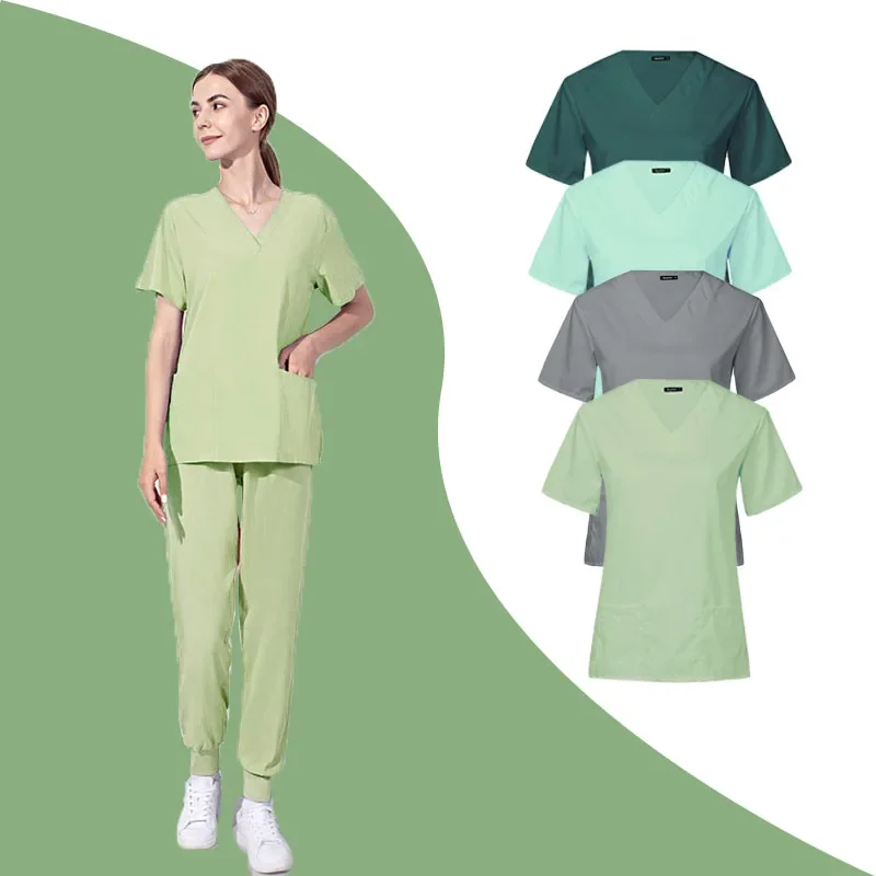 Uniforme de salón de belleza para mujer, ropa de LICRA elástica y transpirable, accesorios de enfermera, Tops ajustados, monos de laboratorio de verano, ropa de fregado