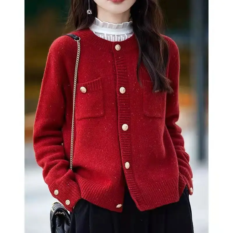 Women Clothing Fashion Elegant O-neck Long Sleeve Cardigan Autumn Winter Korean Version Chic Button Sweaters Lady All-match Tops