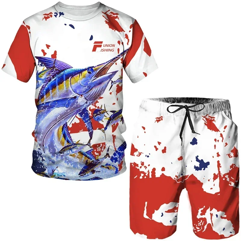 Summer Fishing Battle Camo 3D Print Men's T-shirt Sets Harajuku Fashion T-Shirt Shorts Two Piece Set Casual Pullover Tracksuit