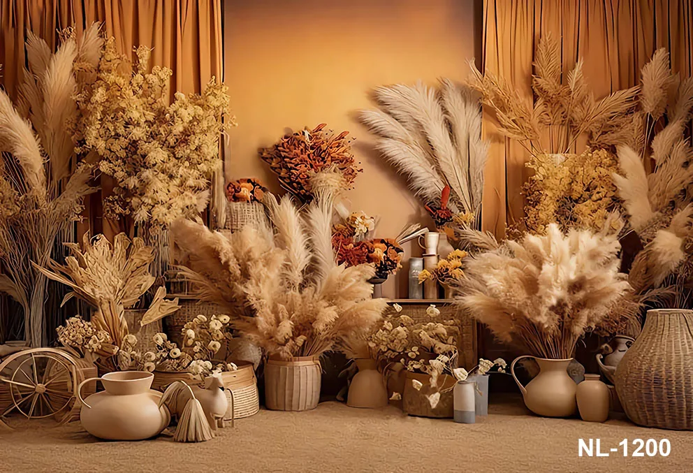 Boho pampas หญ้าดอกไม้พื้นหลังสำหรับถ่ายภาพงานเลี้ยงวันเกิดงานแต่งงานหญิงตั้งครรภ์ตกแต่งฉากหลังสตูดิโอถ่ายภาพ