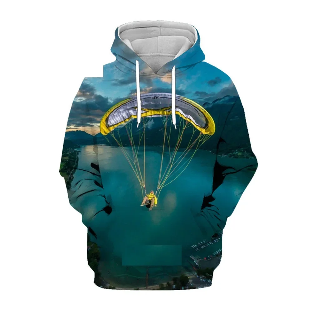 Oversized Tops  Men Extreme Sports Paraglider Glider Skydiving 3D Print Hoodie Hip Hop Excitement Long Sleeve Sweatshirt Coat