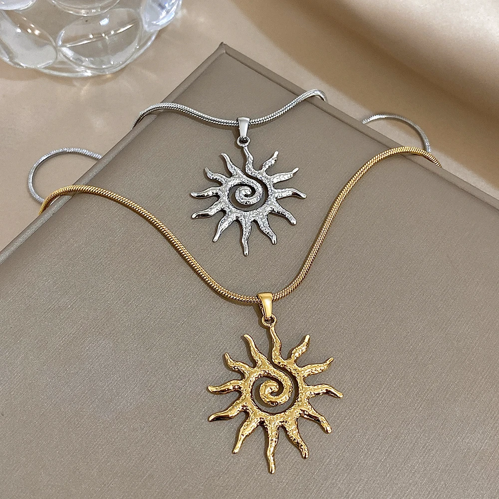 Flashbuy Vintage Chic Sun Shaped Pendant Stainless Steel Necklace Statement Golden Fashion Jewlery Gift image 5