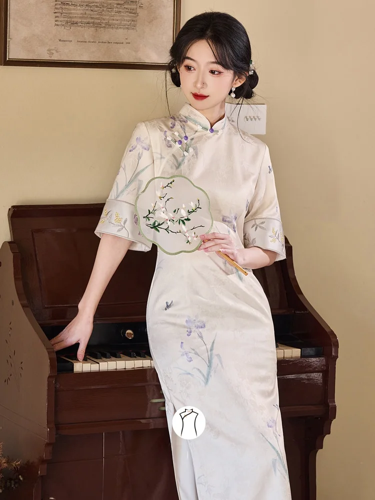 

Young Sle ort Sve Ele Personali Summer Iris New Chinese Sle Revamp Breathable Long Dr Floral Pattern