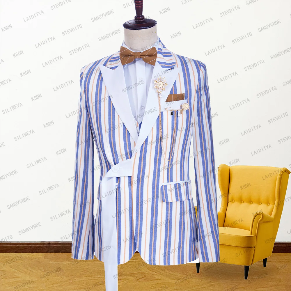 

2023 New Summer Men Suit Linen Leisure Blue White Orange Stripe Slim Fit Peaked Lapel Single Breated Fashion Coat Jacket Blazer