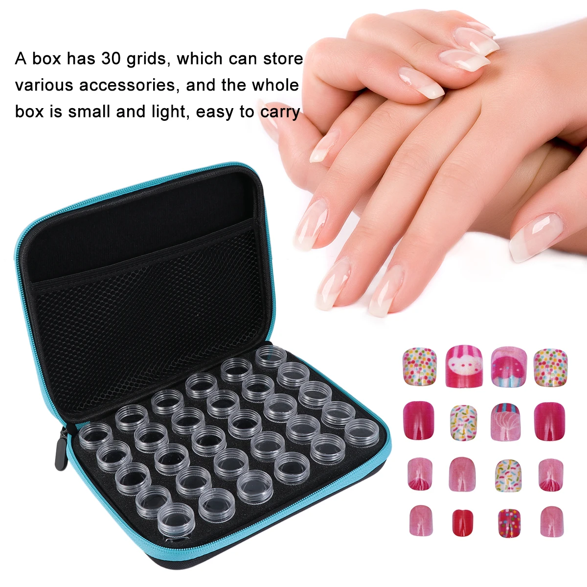 

30 Grids Box Blue Nylon High Density Portable Nail Art Accessories Organizer Jewelry Supplies Storage Bin with Grids Embroidery