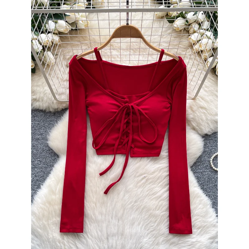 スリムフィット ロングスリーブ クロップトップ レディース Tシャツ デザインセンス スプライスストラップ ボディスーツ カジュアル スタイル 無地 ポリエステル生地