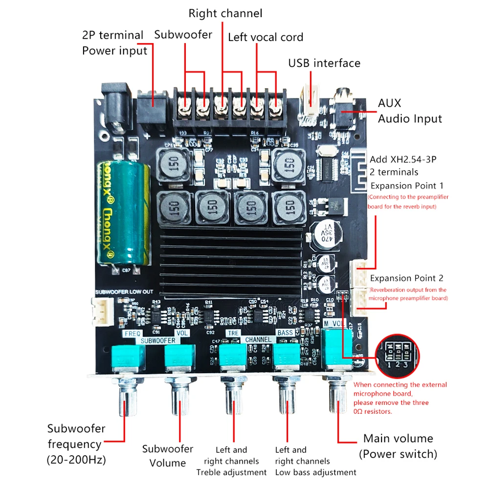 ZK-TB21H Bluetooth 5.1 Audio Amplifier Board 2.1 Channel 50W+100W Subwoofer Amp Module with AUX USB TF Input