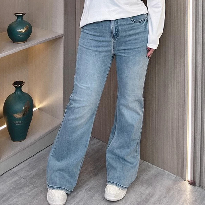 

Голубые расклешенные джинсы для женщин, большие размеры, Новое поступление 2025 года, тонкие эластичные брюки длиной до пола с высокой талией в стиле ретро