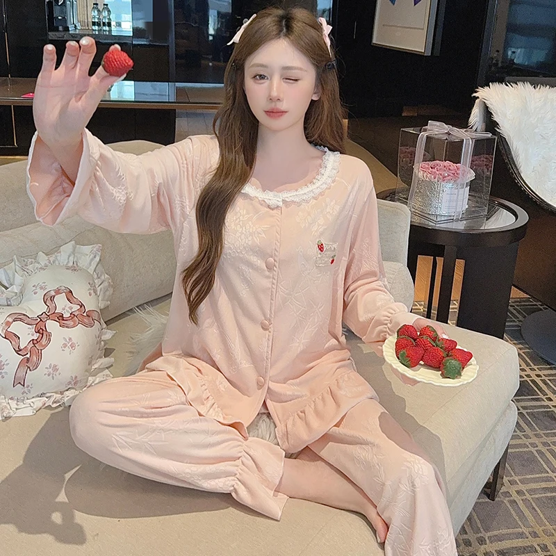 

Pajama Sets Aesthetic Women Velvet Loungewear Ladies Embroidered Detail Plush Homeclothes Scoop Neck Long Sleeve Ankle Length OL