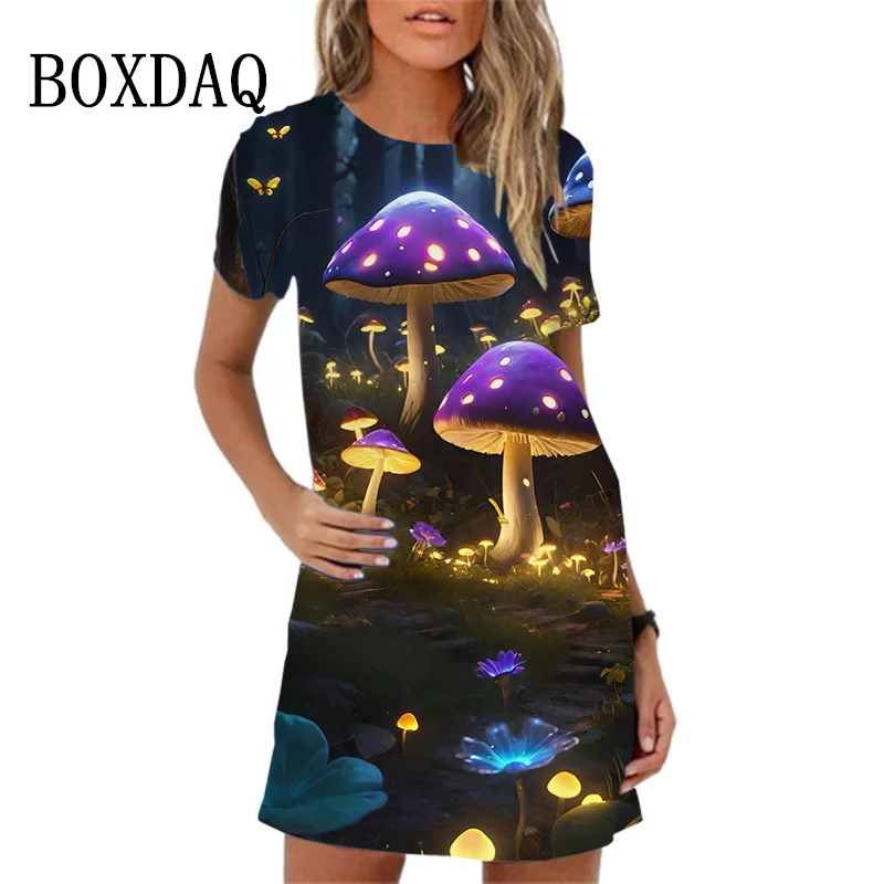 Sweet Cartoon Mushroom 3D Print Women Dress 2024 New Summer A-Line Dress Fashion Casual Short Sleeve O-Neck Loose Ladies Dress