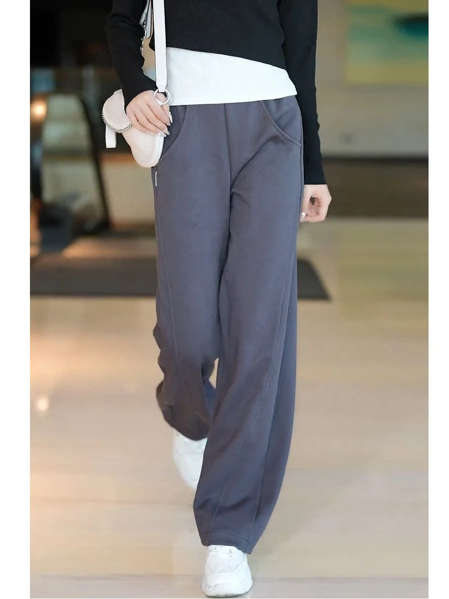 Olive Green High Waist Wide Leg Casual Women's Pants Straight Cut Sweatpants Loose Fitting Comfortable Banana Trousers