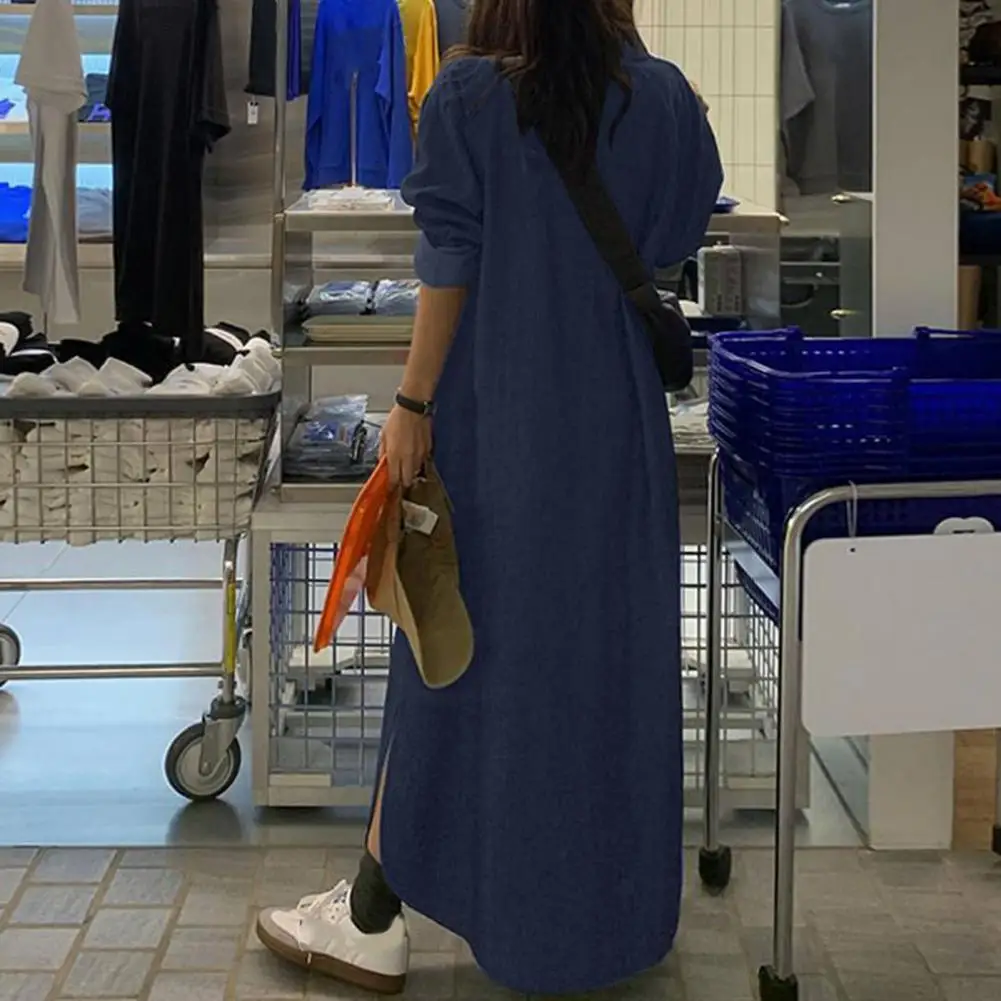 เดรสยีนส์คอปกเสื้อเชิ้ต ปี 2025 เดรสยีนส์กระดุมแถวเดียว เดรสยีนส์ยาวทรงแม็กซี่สำหรับผู้หญิง แขนเสื้อแบบม้วนขึ้นได้ สำหรับสาวแฟชั่น