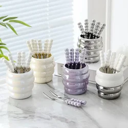 Light Luxury Ins Pearl Fruit Fork Set Creative Colorful Ceramic Storage Can Household Stainless Steel Fork Fruit Fork Can