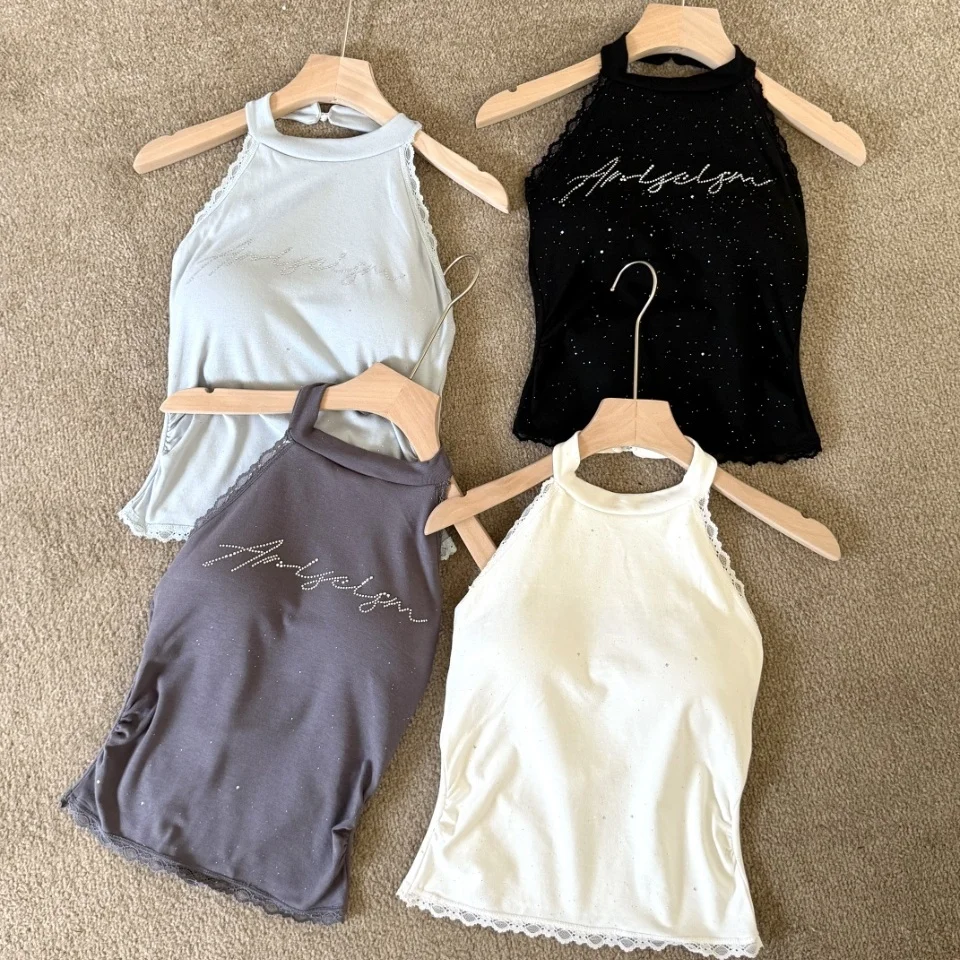 Summer New Pure Desire Rhinestone Letter Splice Backless Neck Hanging Vest Women Slim Fit Fixed Band Chest Pad Versatile