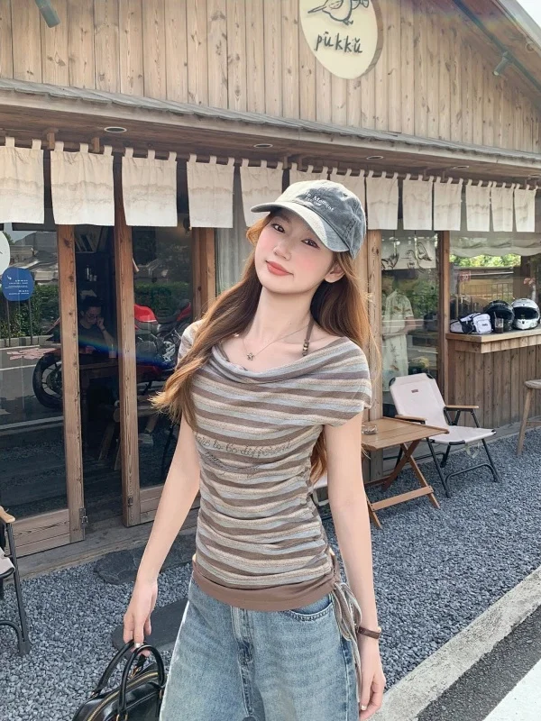 Summer New Style Women's Slim Fit Short Sleeve T-Shirt Hanging Neck One Shoulder Stripe Color Collision Casual Breathable Top
