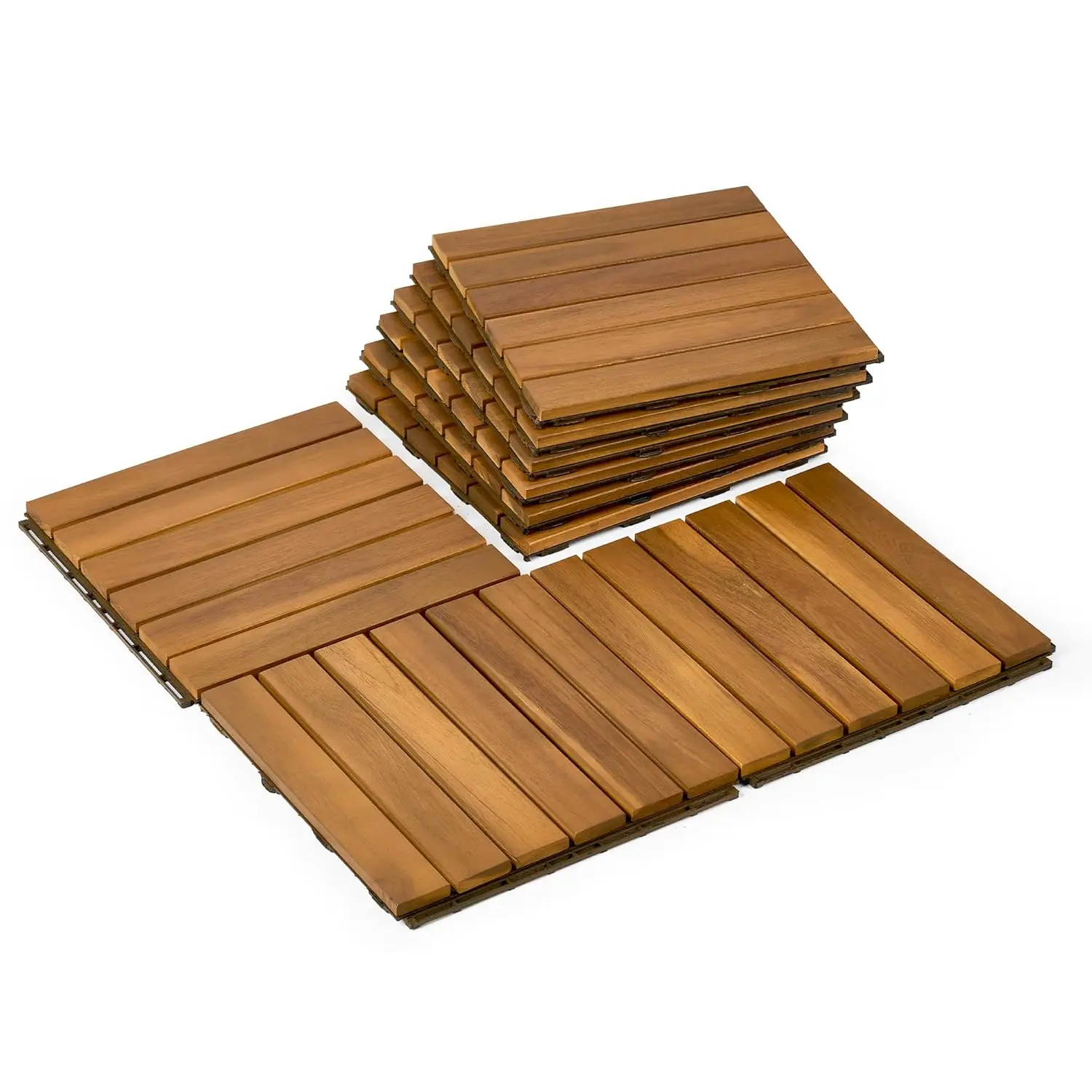 

9 PCS Interlocking Deck Tiles 12' x 12', 6 Slats Outdoor Flooring Acacia Wood Patio Tiles, Waterproof