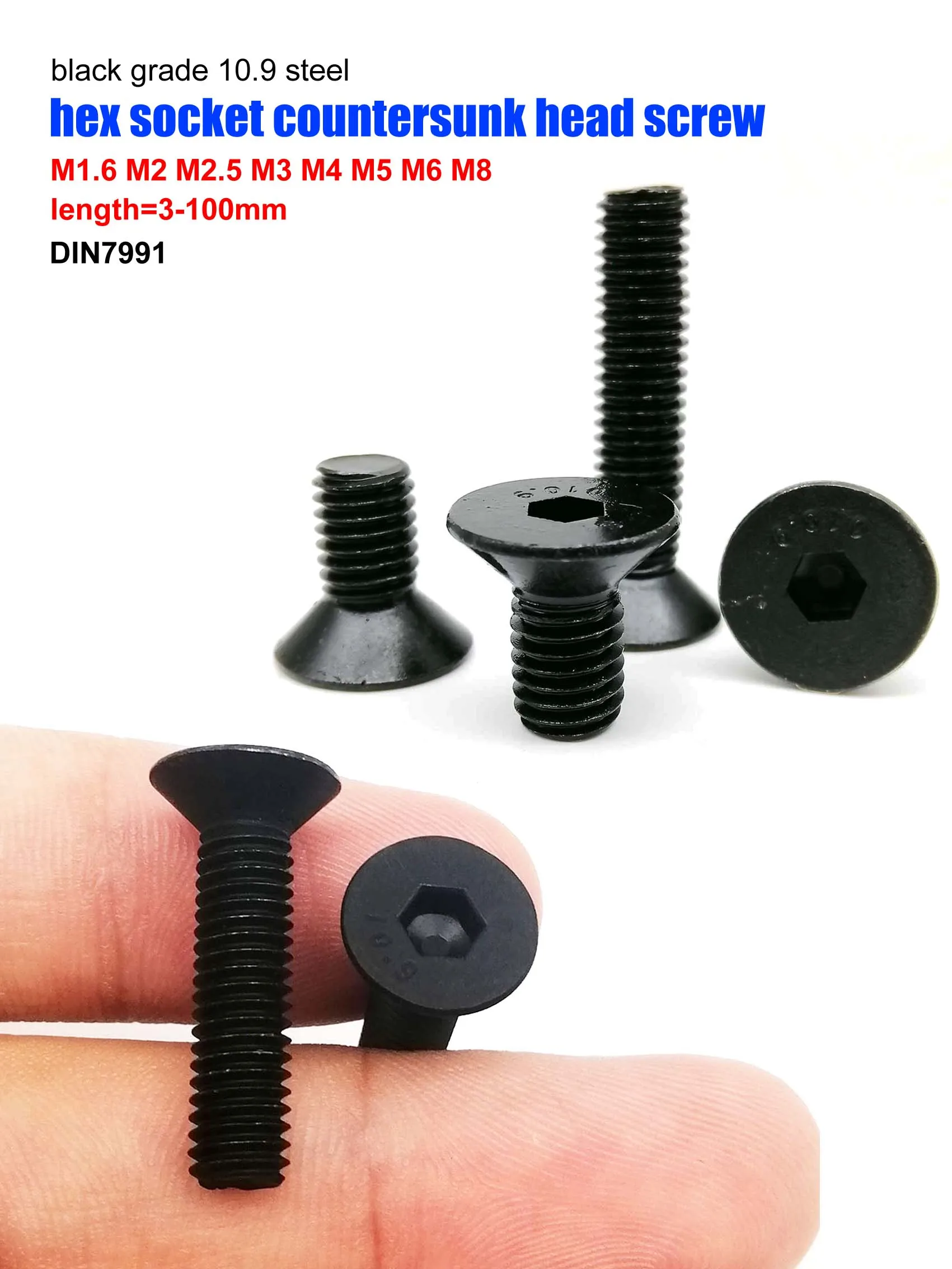 5/10/50 Stück M1,6 M2 M2,5 M3 M4 M5 M6 M8 Schwarz Güteklasse 10,9 Stahl Sechskant Innensechskant Flachsenkkopfschraube Schraube Länge 3–100 mm – Detail 3