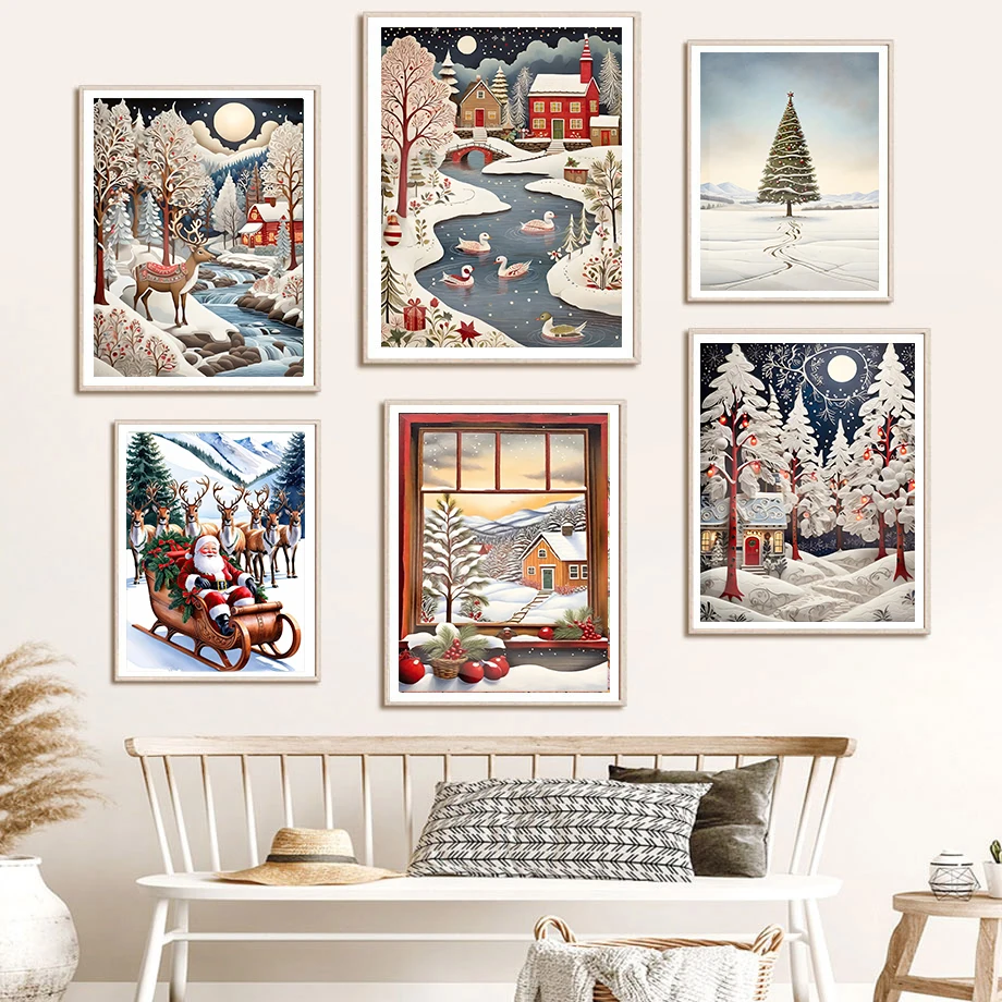 

Winter Cabin Print Sleigh Santa Claus Christmas Tree Art Print r Wall Art Canvas Painting Nordic Poster Home Living Room Decor