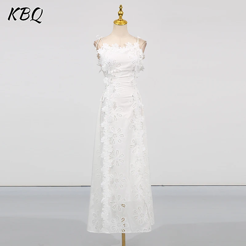 

KBQ Solid Embroidery Backless Tunic Long Dresses for Women Round Neck Sleeveless Patchwork Appliques Dress Female Clothes New