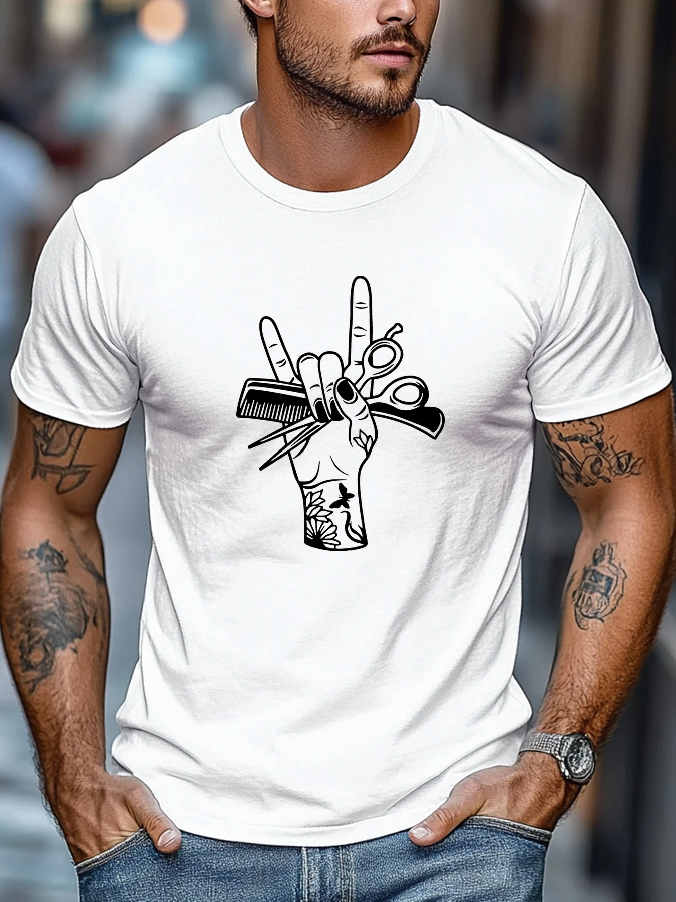 Men Black Crew Neck Tee Tattoo Barber Hand Holding Scissors Comb Rock Sign Hairstylist Soft Cotton Male Casual Short Tops