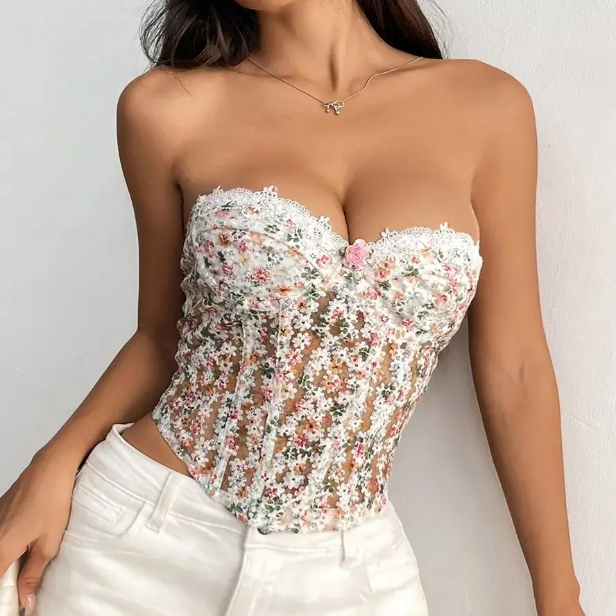 

Slim See Through Crop Tube Tops Women Sexy Strapless Corset Camis Fashion Sleeveless Floral Tank Top Lace-up Boned Lingerie Vest