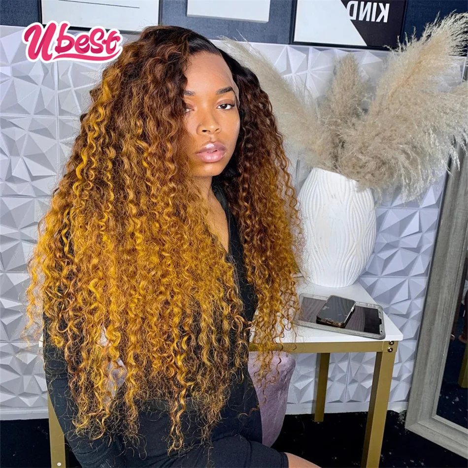 Honey Blonde With Black Root Curly13x6 Lace Front Human Hair Wig Transparent 13x4 Lace Front Wigs for Women PrePlucked Brazilian