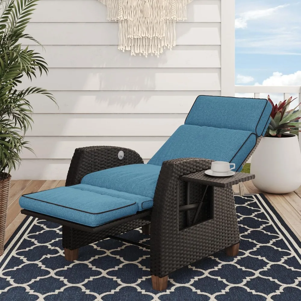 Garden Patio Outdoor Recliner Chair Patio 150° Lay Flat Recliner with Flip Table Wicker Reclining Lounge Chair, Sun Loungers