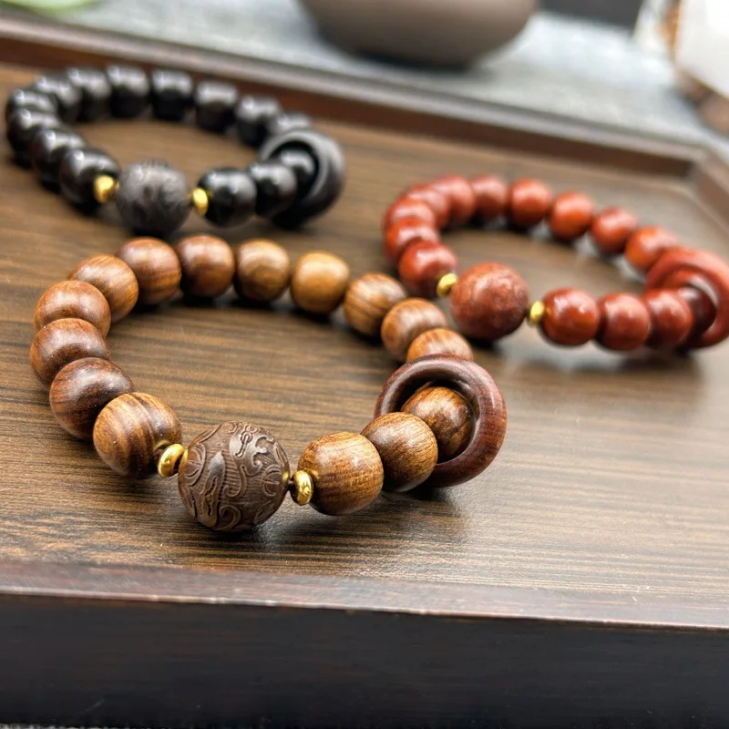 Ebony and carved Buddhist bead bracelet with engraved characters, black rosewood vintage barrel beads, wooden unisex cu
