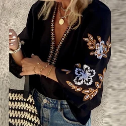 Women Elegant Embroidery Flower Boho Blouse Spring Sexy Deep V Neck Hollow Top Pullover New Autumn 3/4 Sleeve Loose Office Shirt