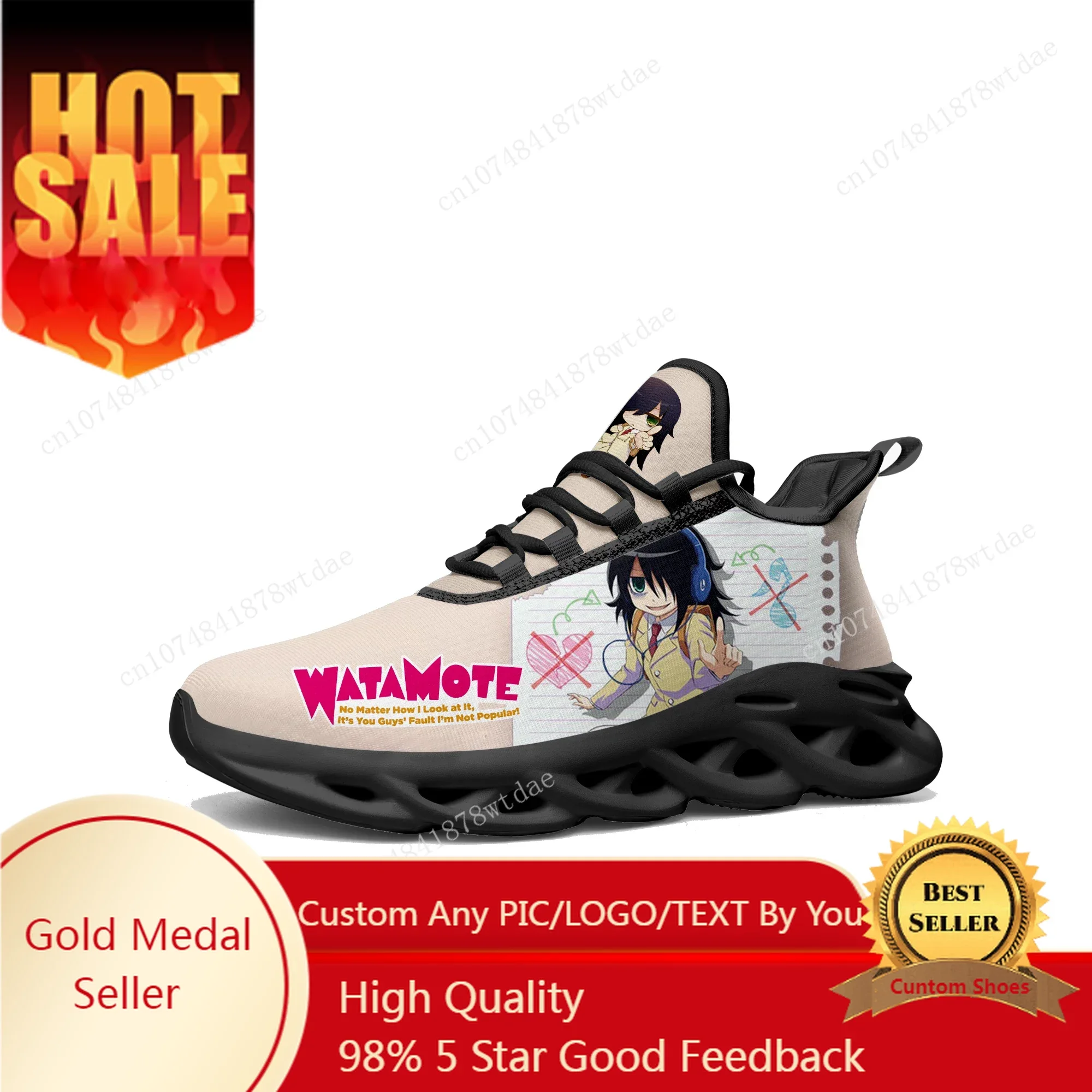 Watamote Kuroki Tomoko Flats Sneakers Mens Womens Teenager Sports Running Shoes High Quality Anime Custom Lace Up Mesh Footwear