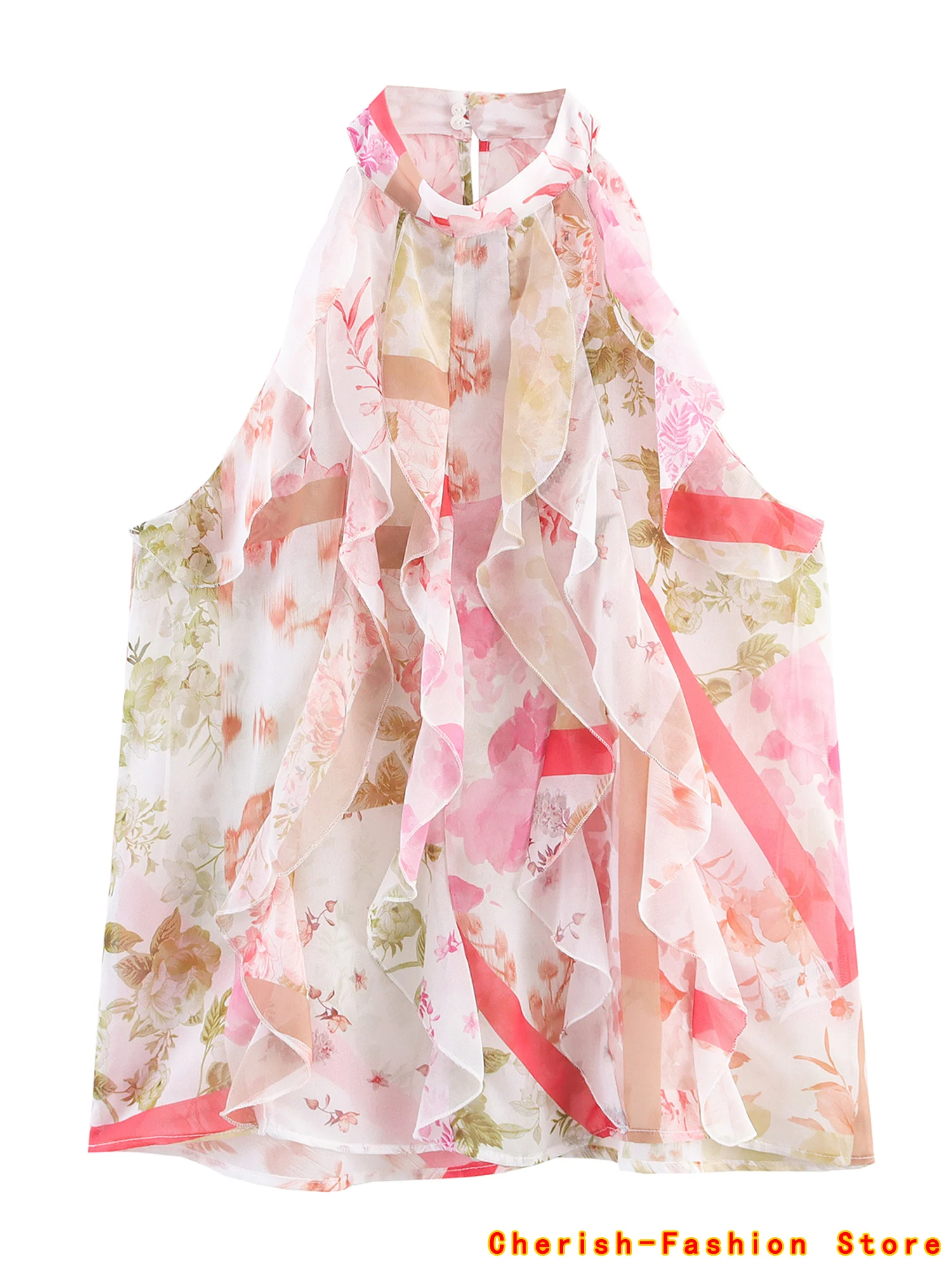 

Summer Women Tierred Halter Blouse Fashion Sleeveless Ruffles Thin Causal Chic Tops Sweet High Street Ladies Floral Print Shirt