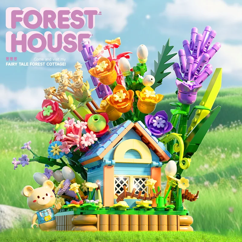 Little Bear’s Forest Cabin Building Blocks Warm Flower House Model Bricks Set With Light Kids DIY Toy Romantic Gifts For Girls